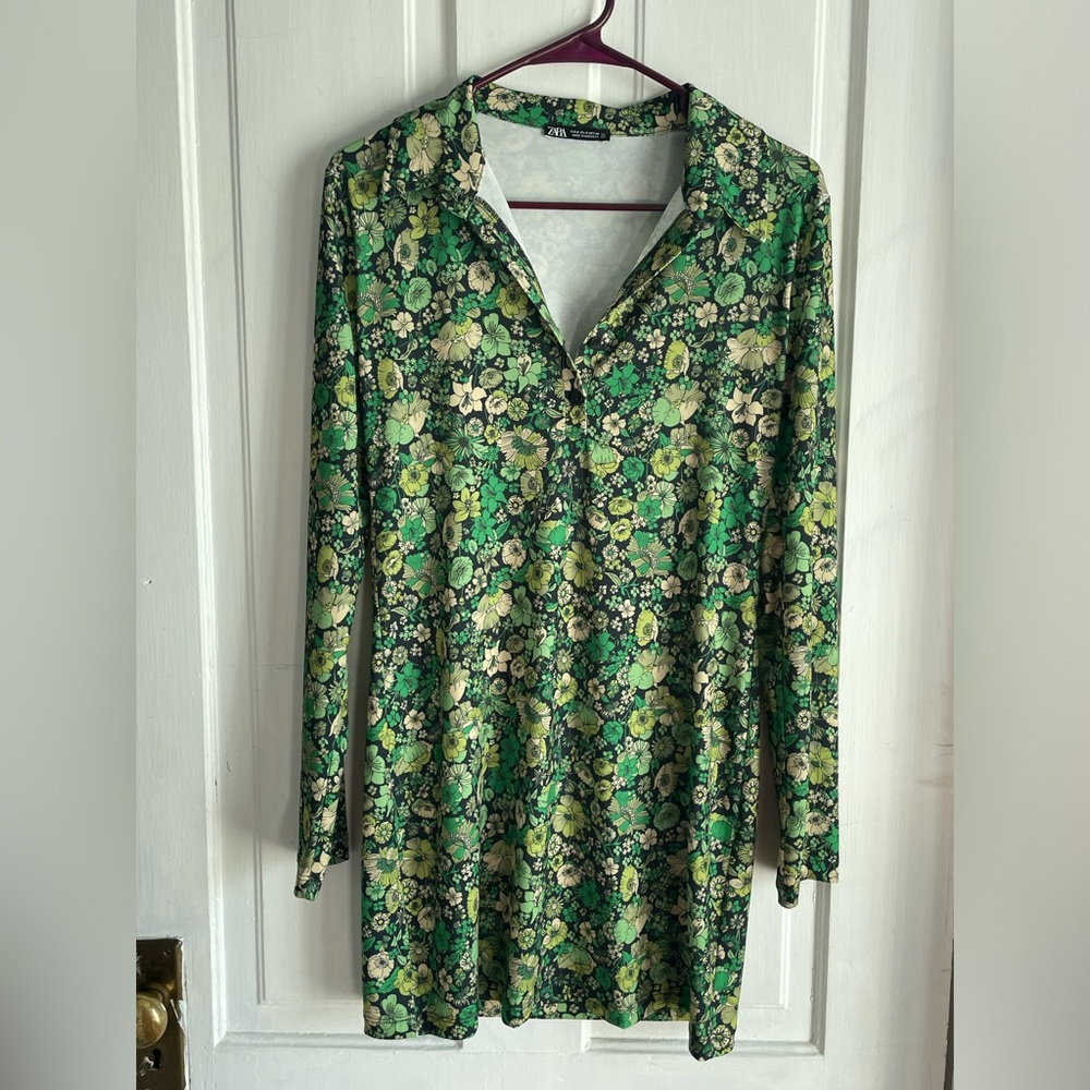 ZARA Green Floral Long Sleeve Button Down Dress Size small